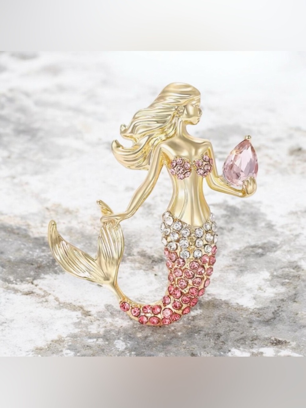 Pink Rhinestone Mermaid Brooch Gold Tone Ocean Statement Pin